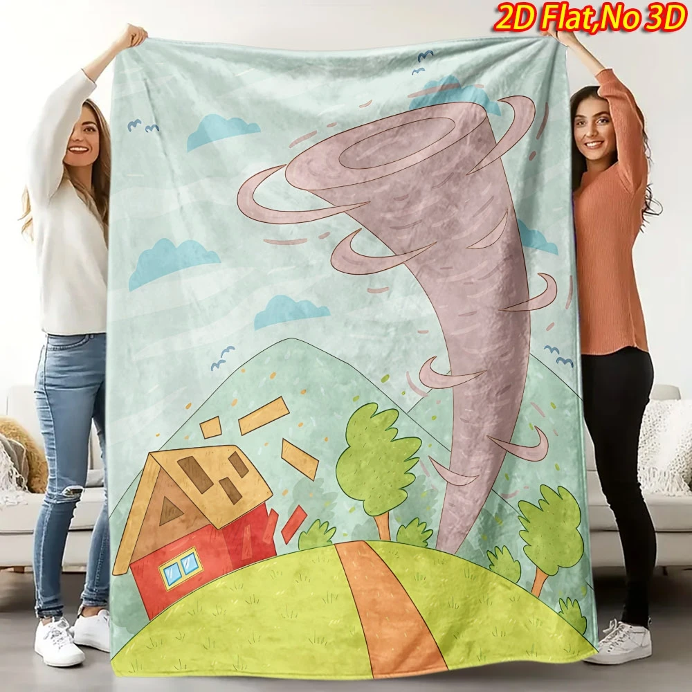 Cartoon Tornado Storm Broken House Hill Tree Sky Cloud Flannel Throw Blanket, Soft Warm Sofa Cover, Weather Theme Kids Bedroom