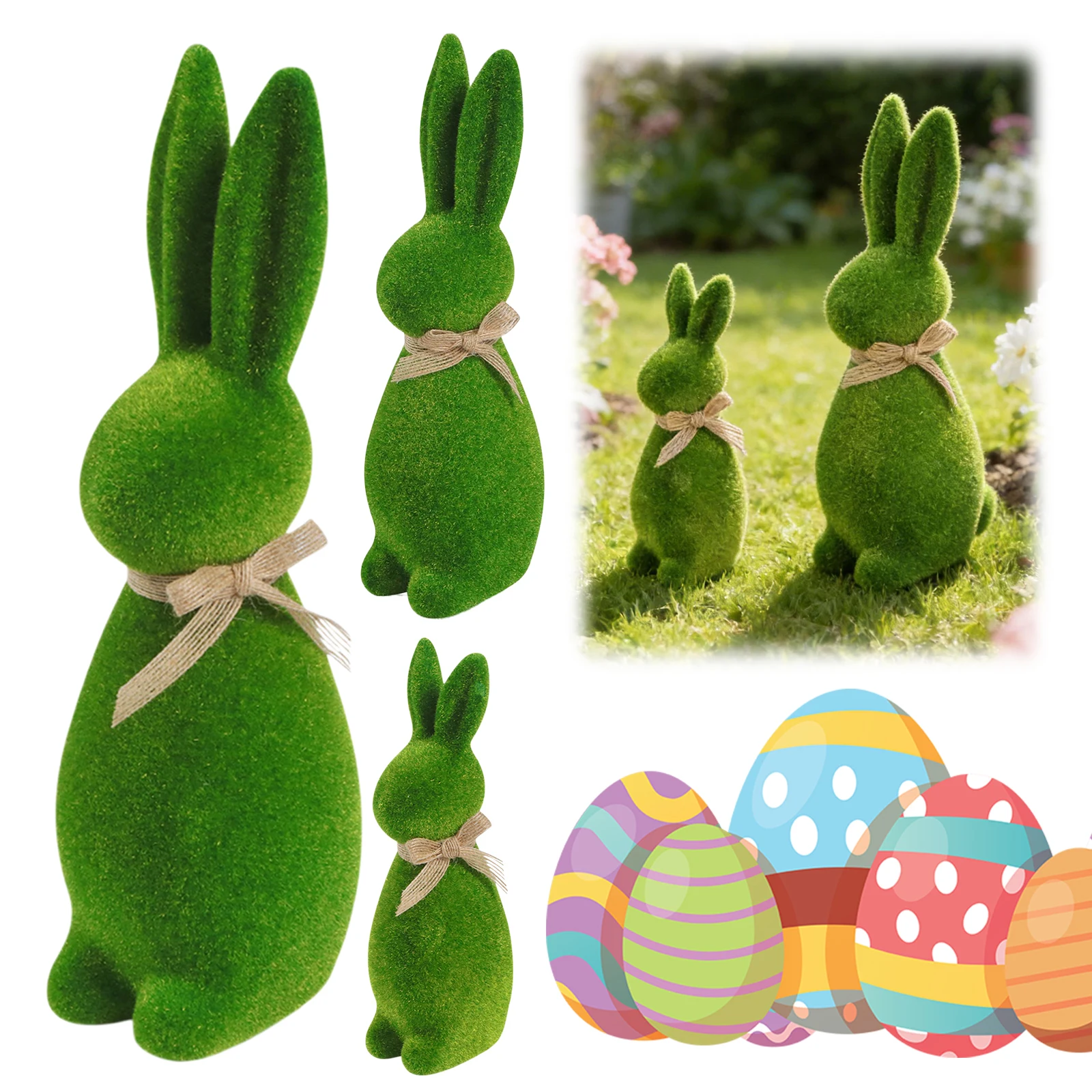 Easter Moss Bunny Figurine Reusable Green Flocked Rabbit Statue Easter Flocking Bunnies Decorations for Home Table Centerpiece