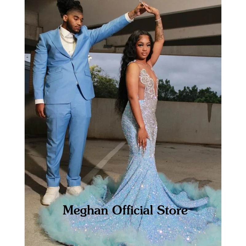 Sukienka na studniówkę w stylu syreny, seksowna, w kolorze błękitnym, z cekinami, szyta na miarę przez Meghan, dla czarnoskórych dziewczyn, zdobiona srebrnymi kryształkami, afrykańska suknia na przyjęcie urodzinowe.