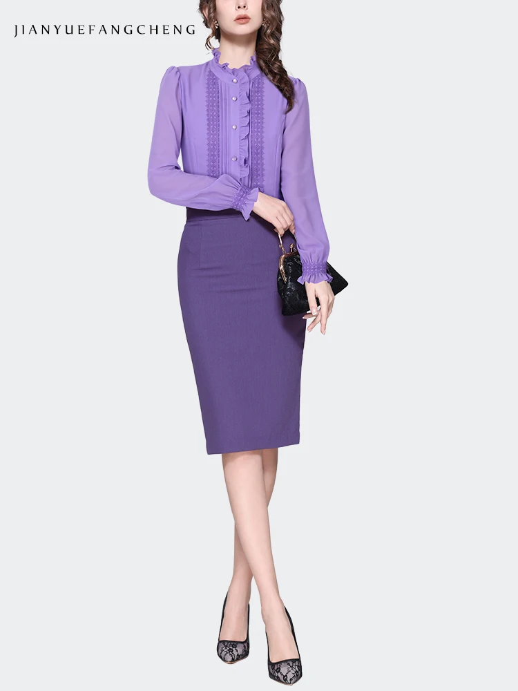 2024 Spring New Women Purple Ruffles Blouse Long Sleeve Lace Top Elegant Slim Office Ladies Work Casual Shirts