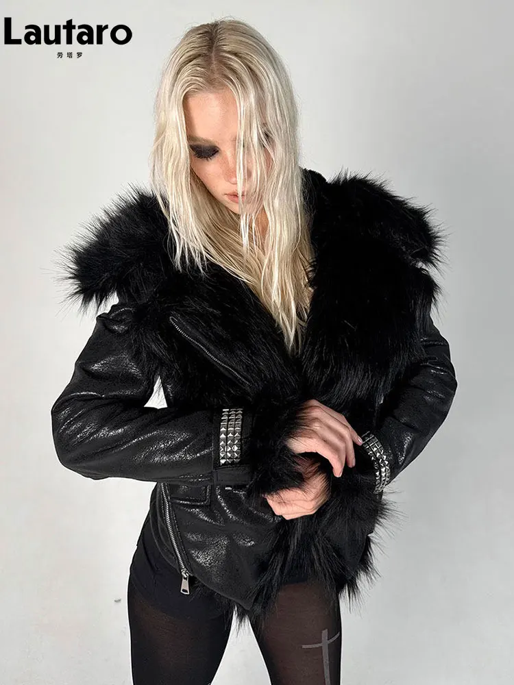 Lautaro Autumn Winter Short Black Thick Warm Soft Shaggy Faux Sheepskin Coat Women Luxury Designer Clothes Fluffy Jacket 2026