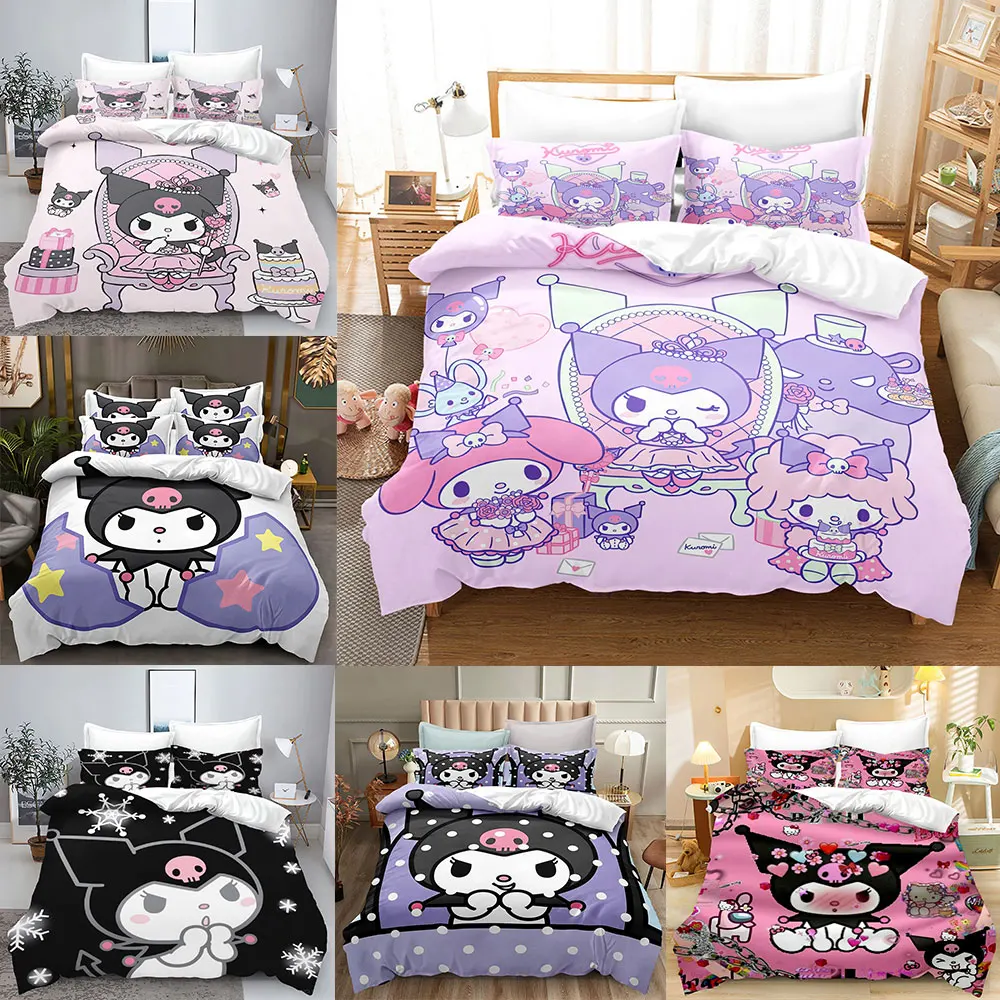 

Cute Kuromi Comforter Bedding Sets Quilt Bed Cover Duvet Cover Pillow Case 2-3 Pieces Sets Kids Adult Size Bedroom Decor