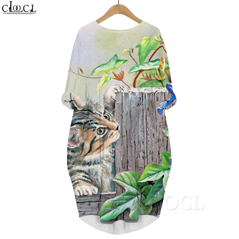 

CLOOCL Fashion Dress Naughty Cute Cat Painting Pattern 3D Printed Long Sleeve Female Pocket Dresses Vestido Midi Talla Grande