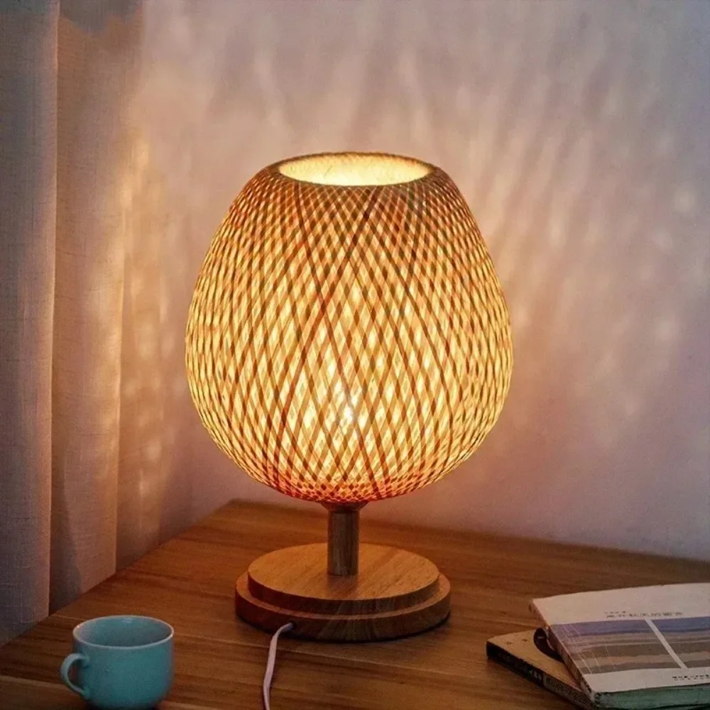 Chinese Style Bamboo Table Lamp, Handmade Rattan Desk Light Vintage for Bedroom, E27 Bedside Lamp Living Room Decor