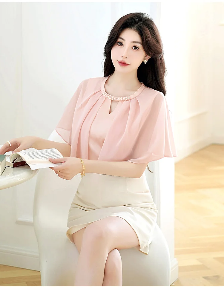 Mode 2026 Sommer Kurzarm O-Ausschnitt Süße Damenbluse Rosa Chiffon-Bluse Hemden Damen-Tops Blusas De Mujer Camisas N602 – Detail 11