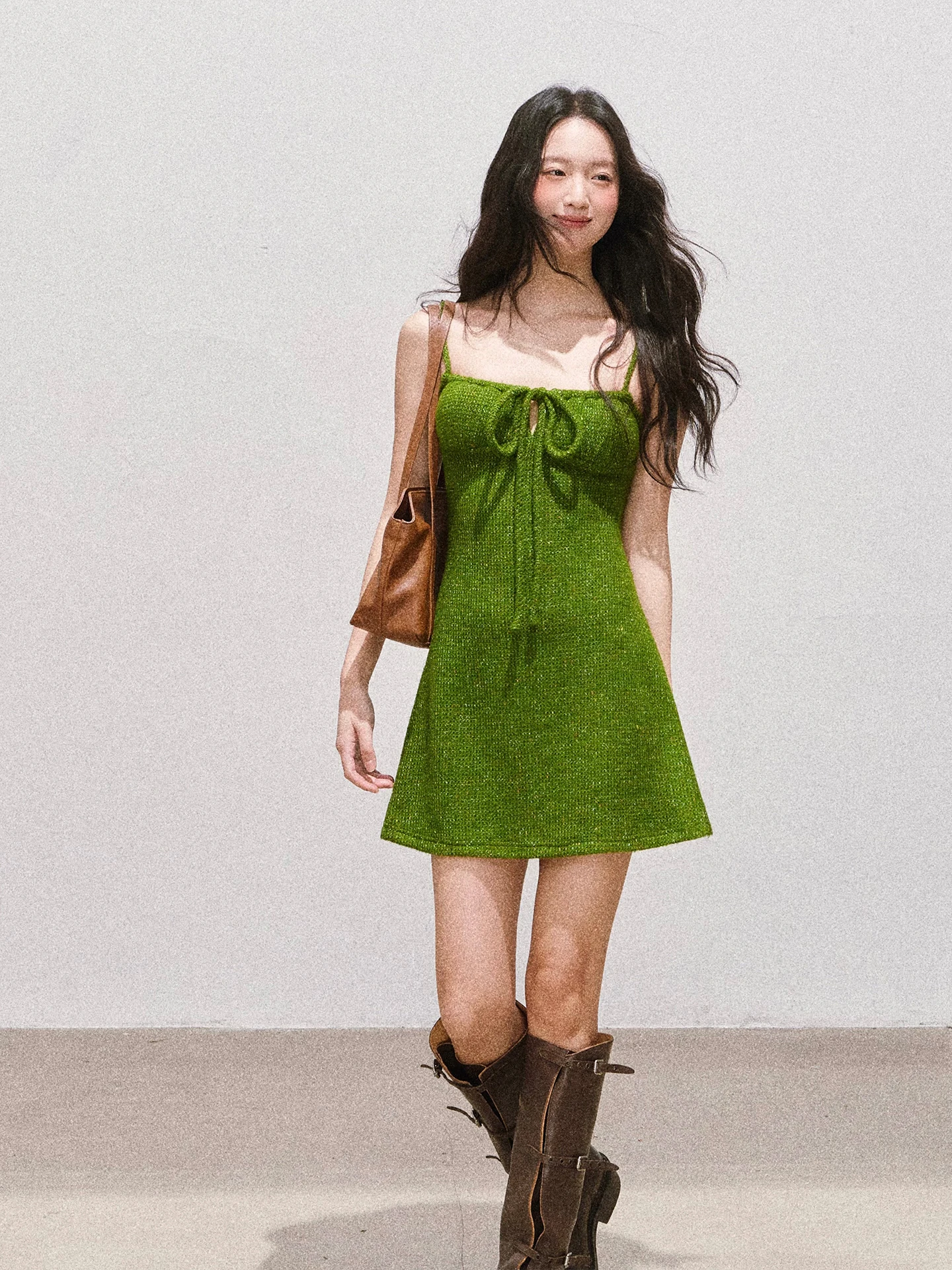 

Soolrok Green Knitted Belted Halter Dress with Ribbon Short A-Line Skirt Casual Style Women's Fashion Spring Season