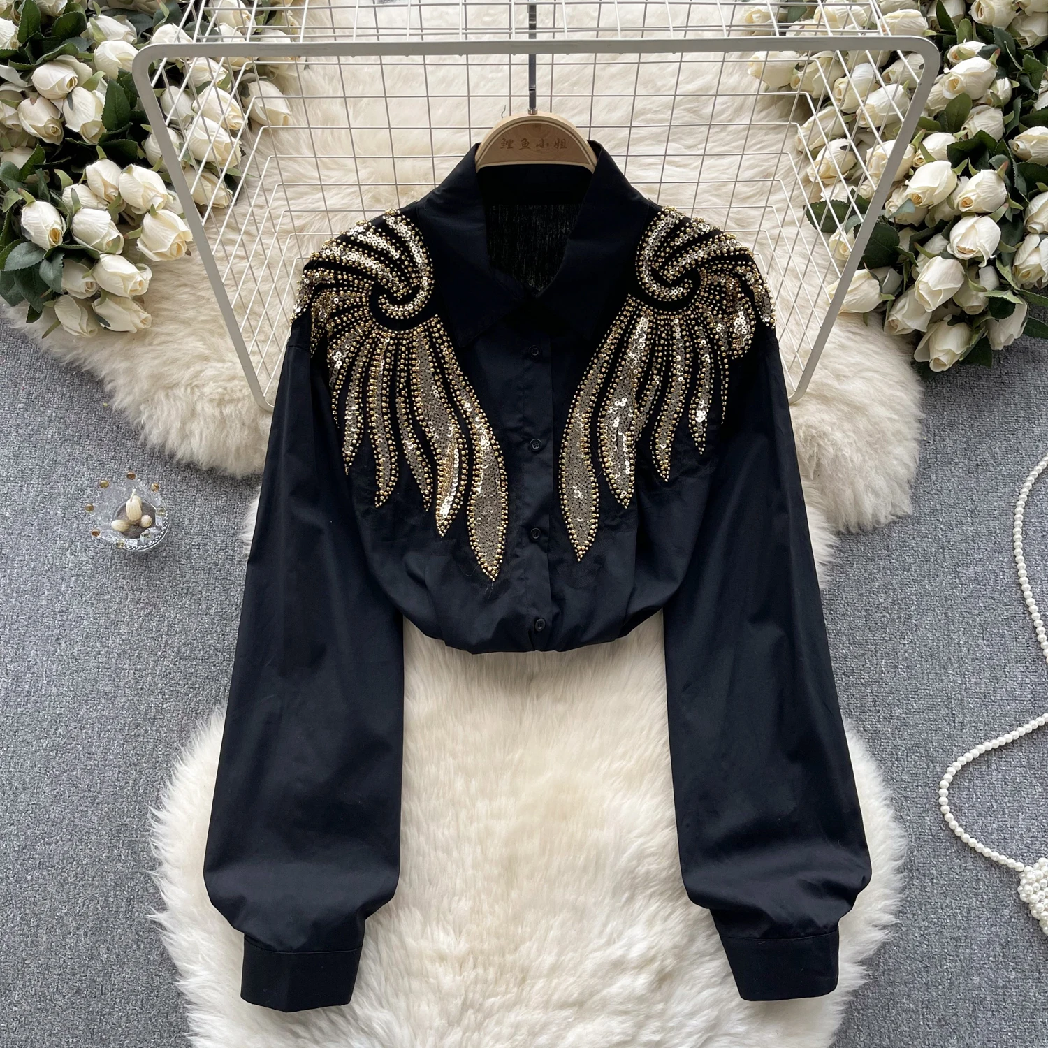 Vintage Rhine Stone Sequin Long Sleeve Blouse Slim Elegant Fashion Crop Top Sexy Spring Autumn Women Shirt