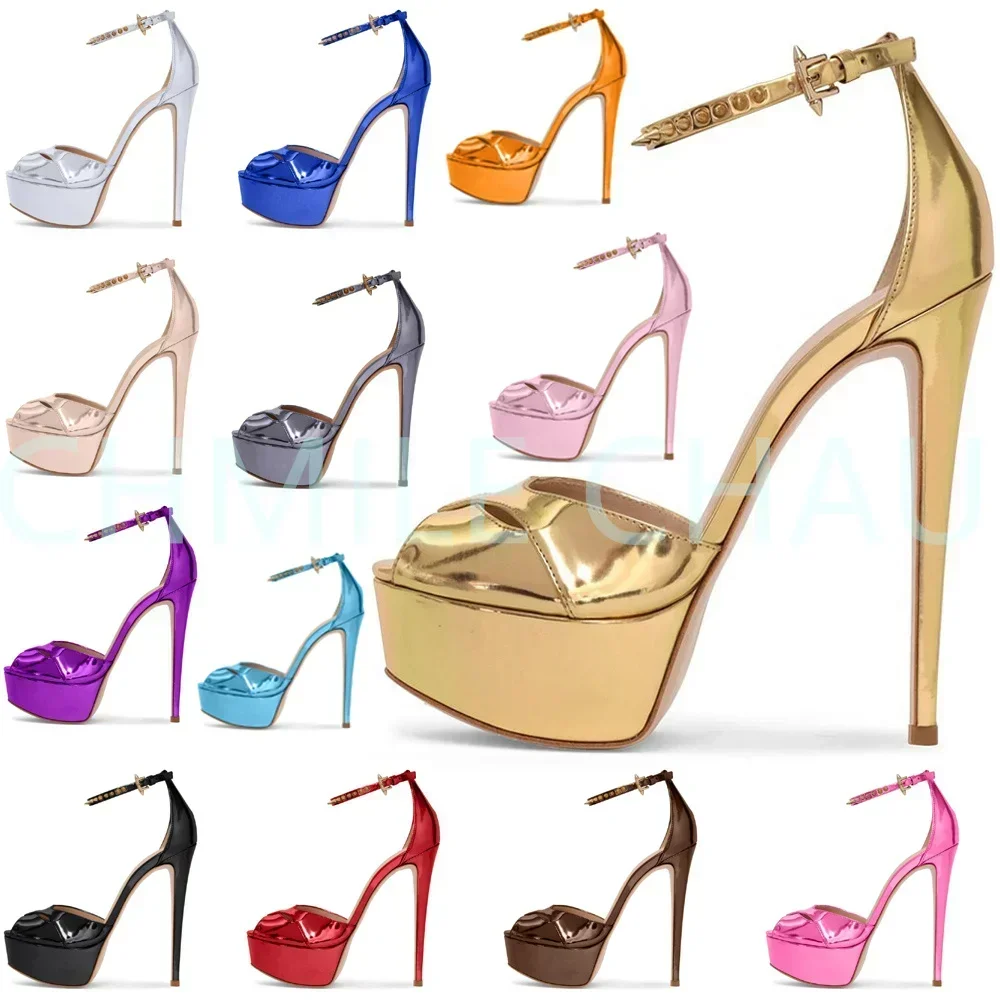 

【Measure your feet length before order】Elegant Luxry Designer Women Sandal Platform High Heel Rivet Strappy Dress Shoe 89-CHC-30