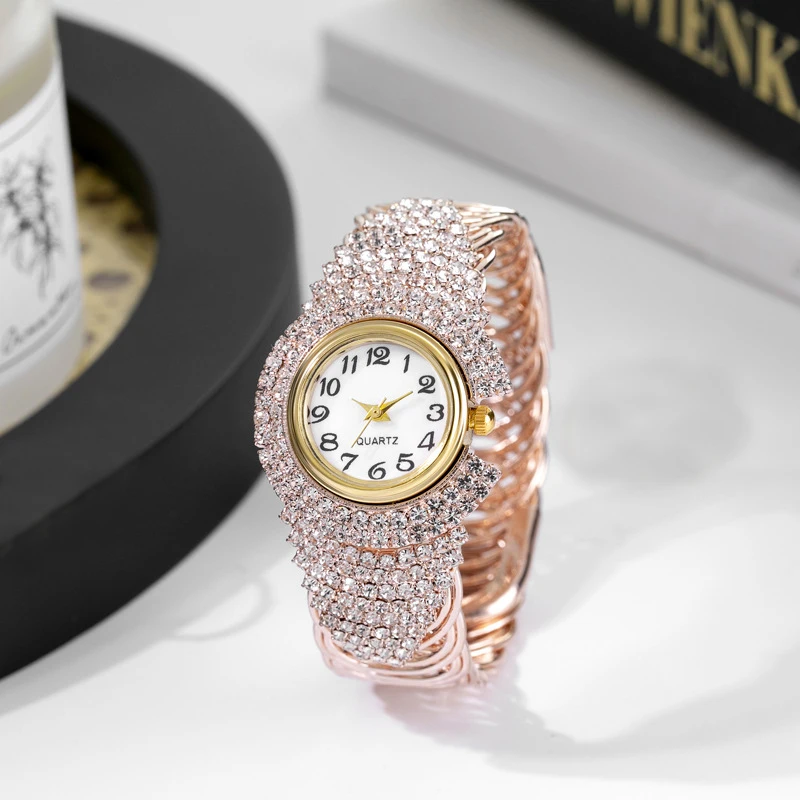 Women\'s New Full Sky Star Diamond Bracelet Watch+Jewelry Three Piece Set