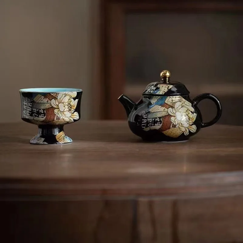 Retro Chinese Ceramic Decal Tea Set Tea Pot High Cup One Pot Single Cup Single Person Dedicated Tea Making