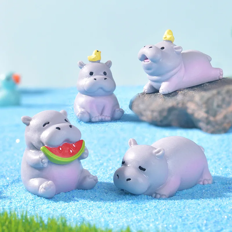 4pcs Funny Cute Hippo Animal Ornament Car Decoration Craft Miniature Figure Tiny for Bonsai Microlandscape Fairy Garden Decor