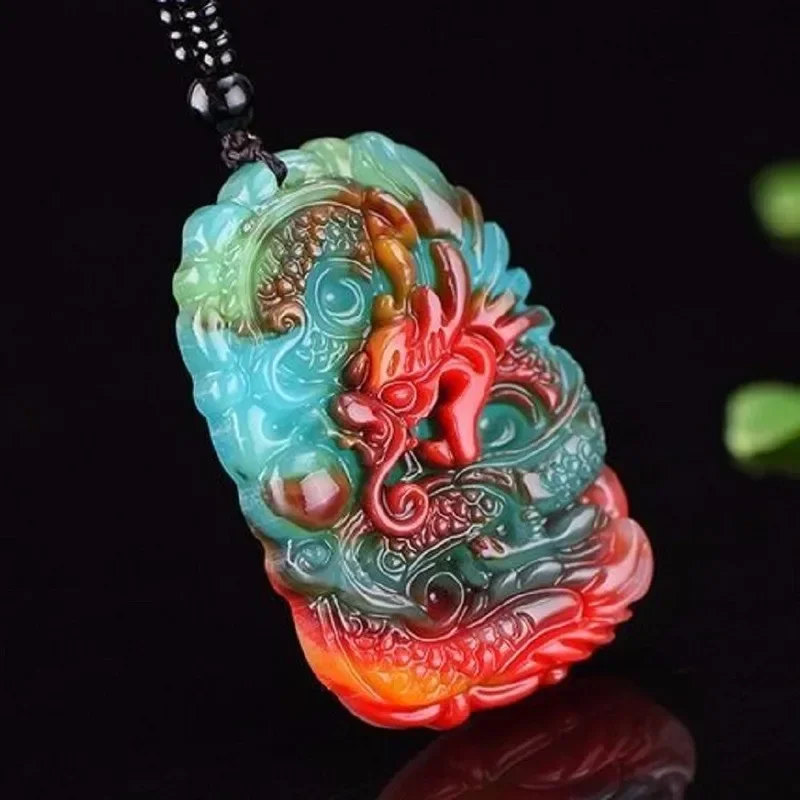 

Chinese Jade Colorful Handcarved Dragon Pendant Fashion Boutique Jewelry Men's and Women's Zodiac Necklace Gift