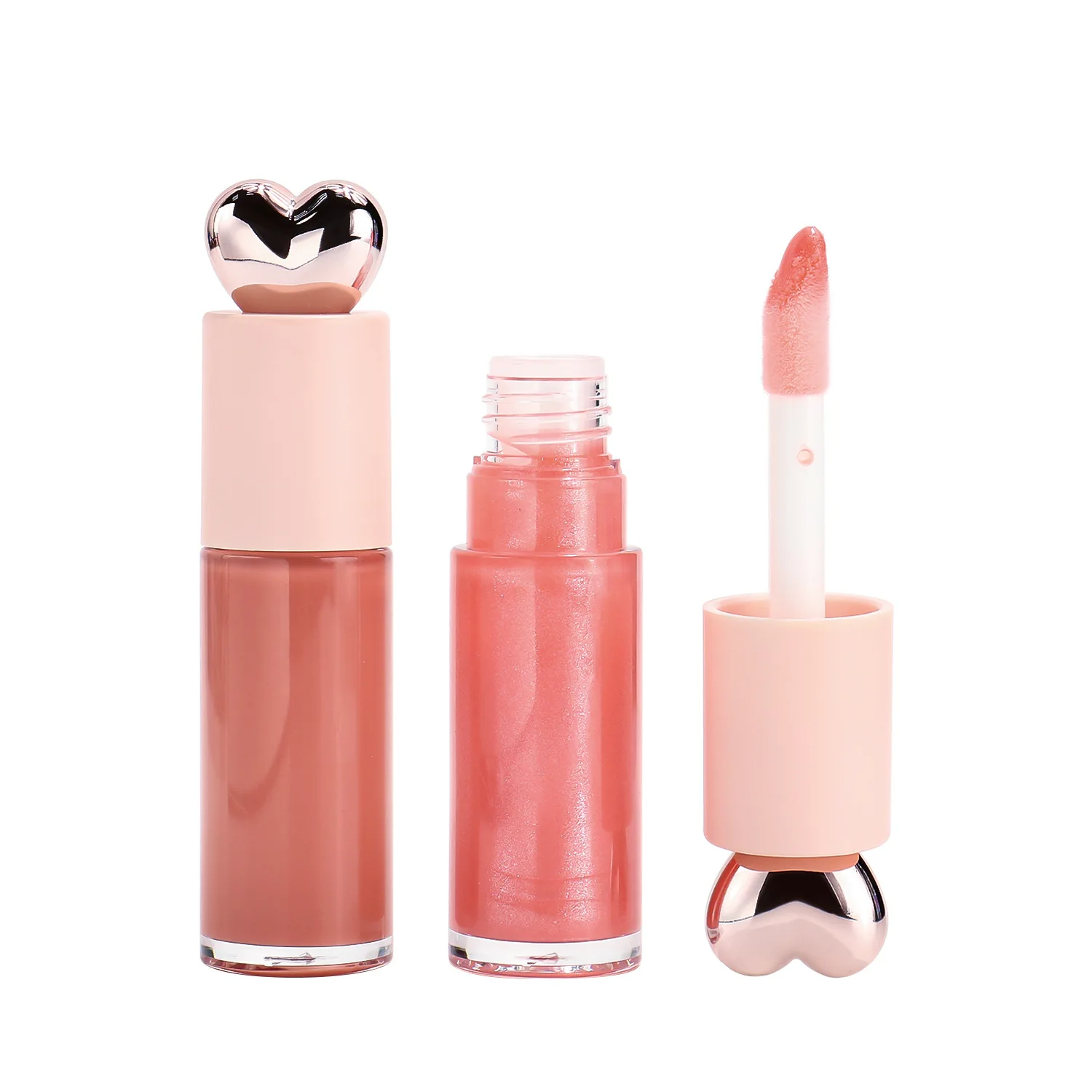 Cute Lip Gloss Custom Logo Waterproof Long Lasting Vegan Makeup Lipgloss Wholesale Heart Tube Cosmetics Peach Pink Color