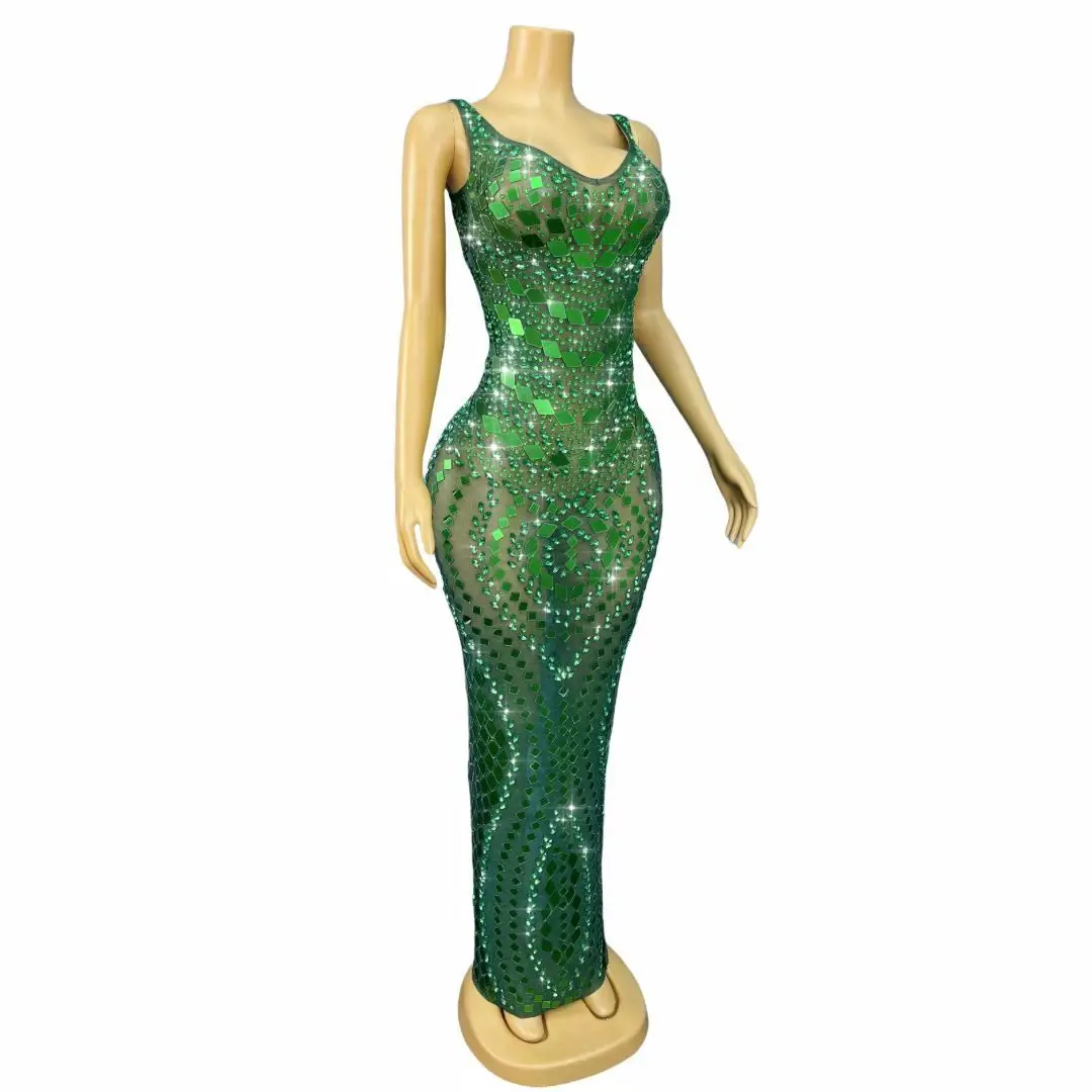 Lvyijingpian Sparkly Rhinestones Women Sexy Halter Long Mesh V Neck Outfit Birthday Dress Luxury Performance Singer Costume