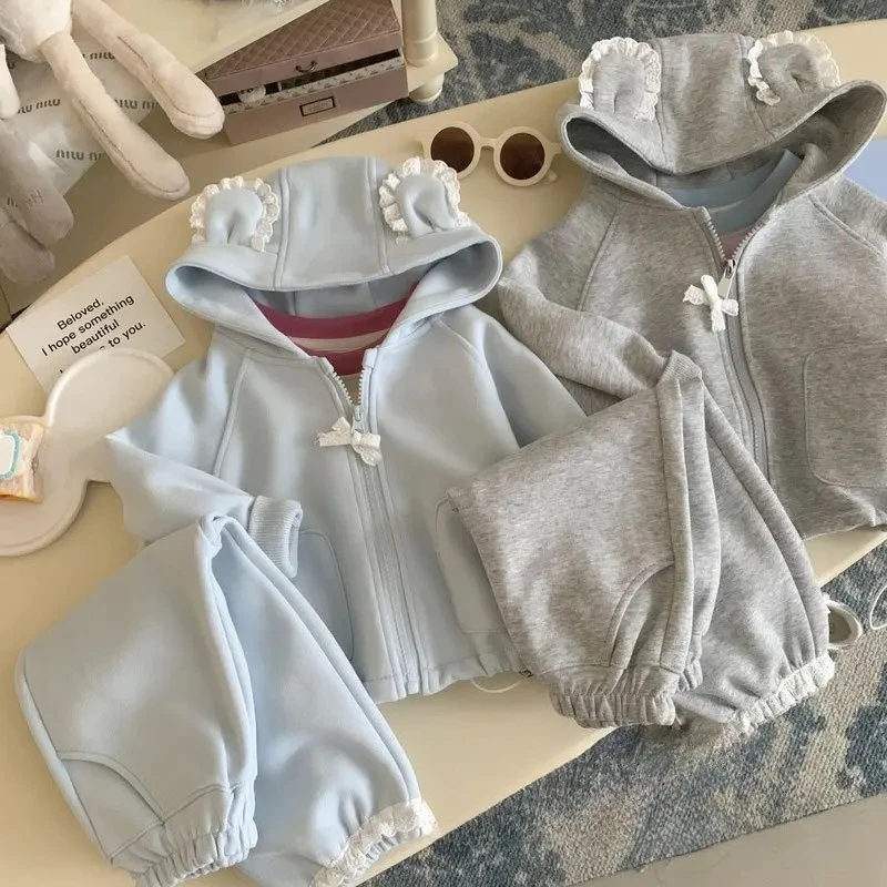

Spring and Autumn new style children's lace hooded ear jacket+pants two-piece set Baby girl set