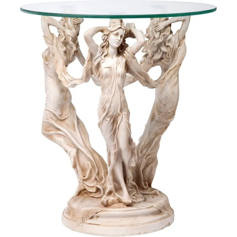 Mesa lateral clássica com tampa de vidro The Greans Muses, polegadas de largura, polegadas de profundidade, polegadas de altura, poliresina artesanal, acabamento em pedra antiga