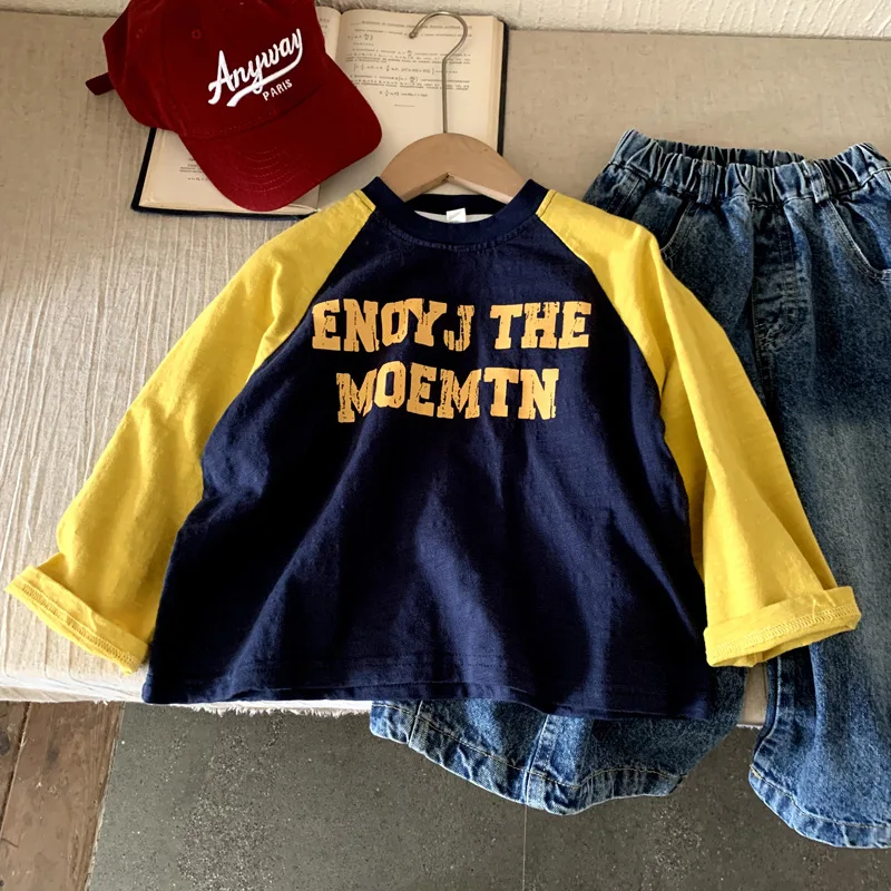 

Boys T-shirt 2025 Autumn Spring Korean Style Kids Clothes Fashion Cool Patchwork Letter Print Long Sleeve Tops