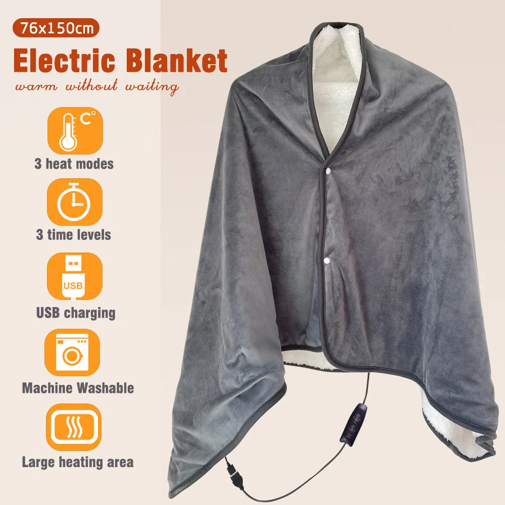 

USB Electric Heated Shawl Blanket Multifunctional Thickened Shoulder Warmer Blanket 3 Heating Settings Power Bank Heating Pad