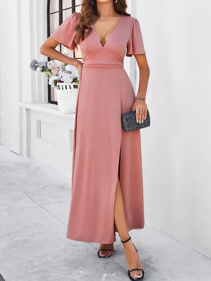 

Elegant Women's Dress 2024 Summer Commuter Solid Color V-Neck Short Sleeves Wrapped Waist Style Split Fit A-Line Long Dress