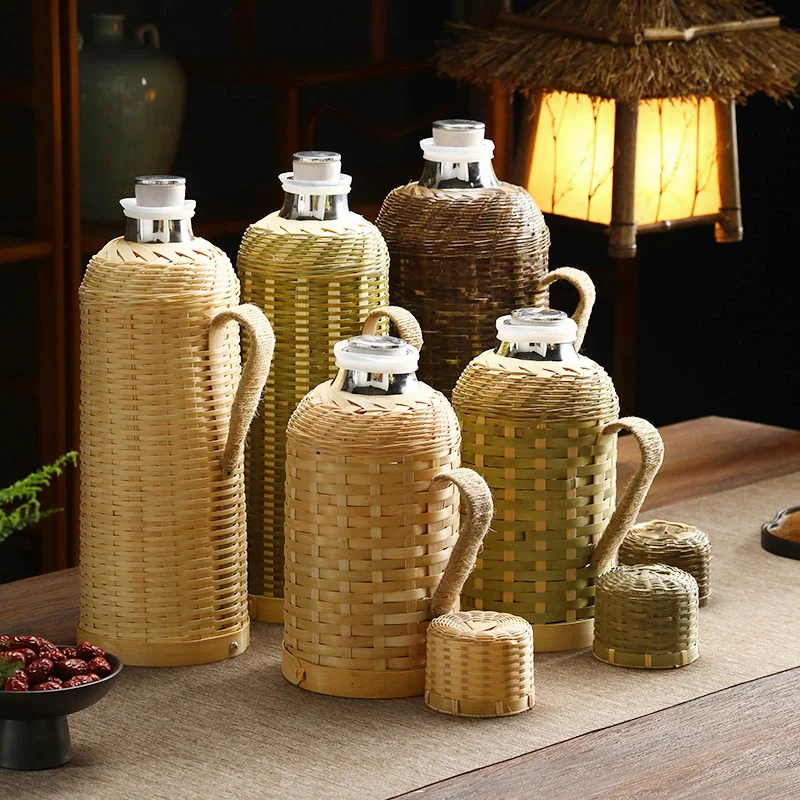 Handwoven Bamboo Thermos with Wooden Stopper Glass Liner Hot Water Bottle for Home Tea Room Office Heat Preservation Flask view 5