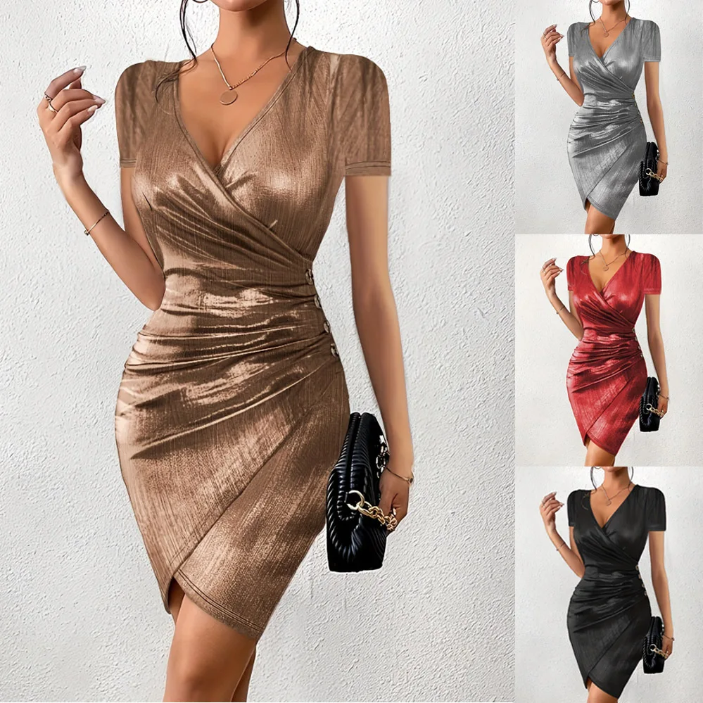 

2025 Sexy V Neck Party Dress Long Sleeve Bodycon Wrap Dress Ruffle Slit Mini Slim Elegant Formal Party Dress Evening Vestidos