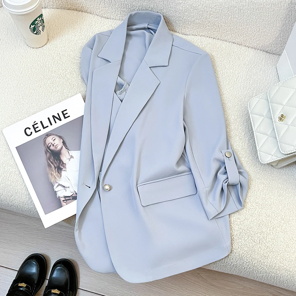 Summer Light Blue Women's Three-Quarter Sleeve Casual Suit Fashionable Single Button High-End Design Commuting Jacket For Female