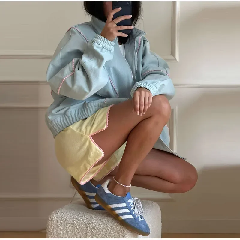 Y2K Damenjacken Mantel mit Streifenbesatz Stehkragen Reißverschluss Oversize Windbreaker Locker Sitzende Streetwear Sportjacke Oberbekleidung Outfit – Detail 12