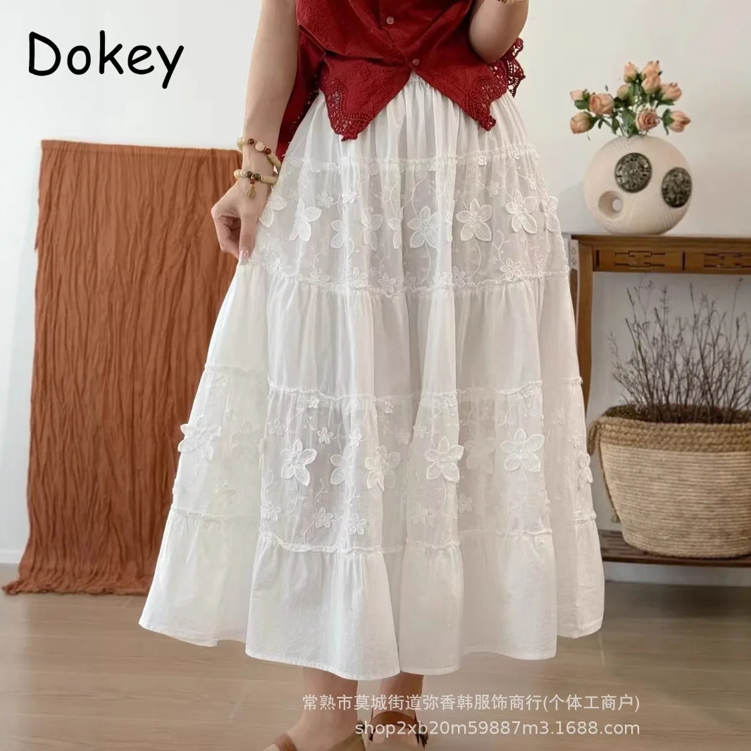 Vintage Butterfly Embroidery Long Skirt Women Summer France Elastic Waist Pleated Skirt Elegant A-Line Party Skirt Faldas Jupe