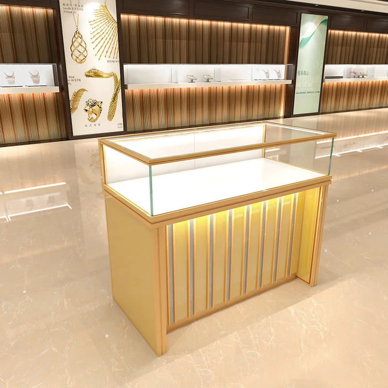 Custom, SUNDO hot sale custom logo elegant gold metal display showcase with LED lighting jewelry counter