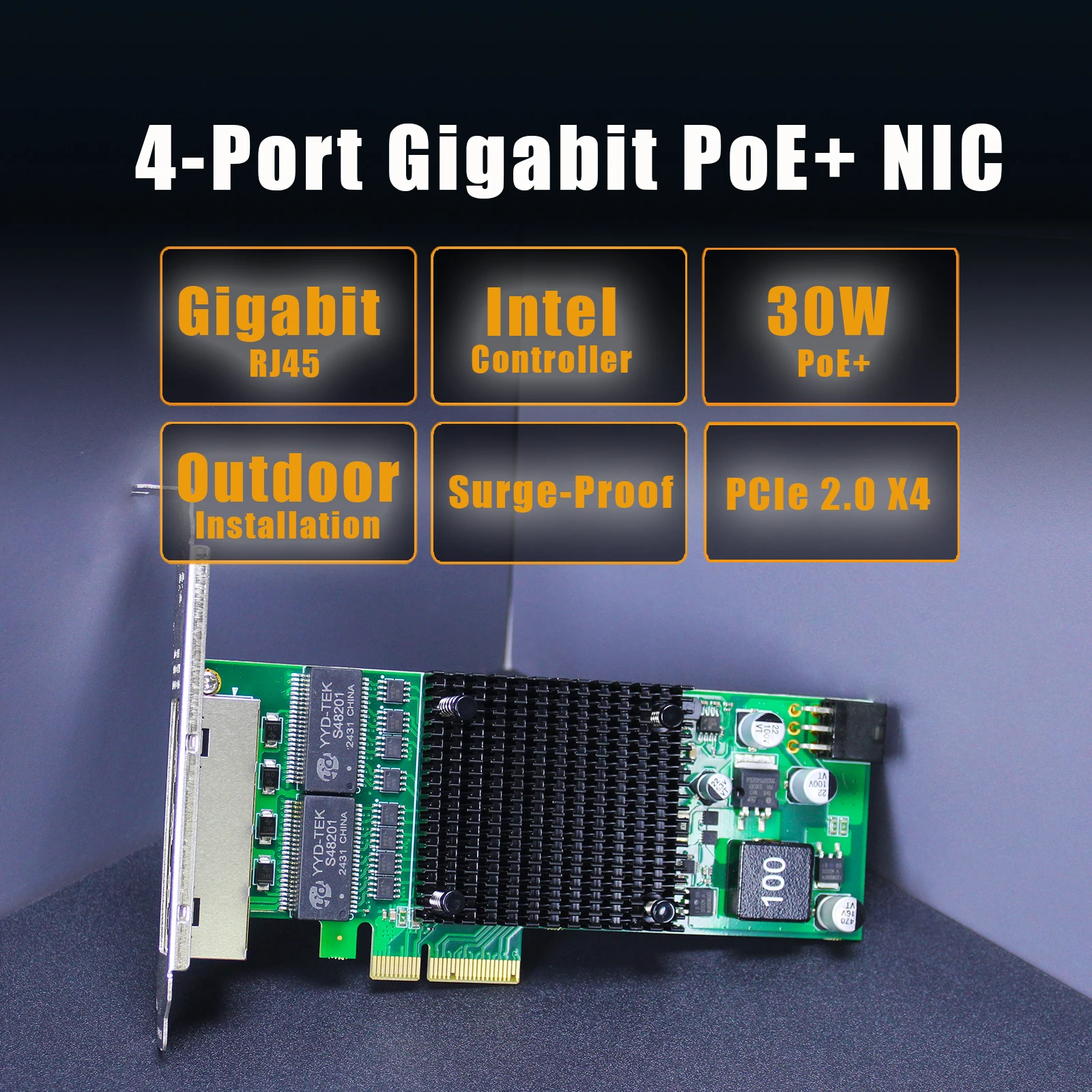 4-Port Gigabit PoE+ Network Card with Surge-Proof Design for Outdoor Installation, Ethernet RJ45 LAN Port, PCIE 2.0 X4 Interface