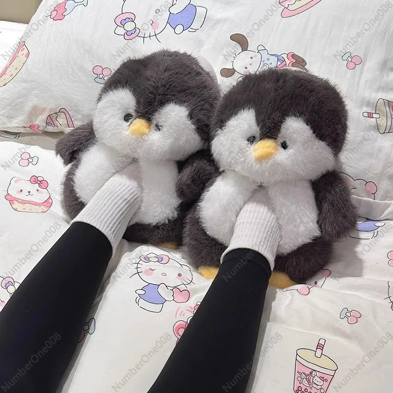 Winter Cotton Slippers Female Cute Bag with Plush Penguin Home Thick Bottom Winter Women Indoor Warm Wool Slippers Male