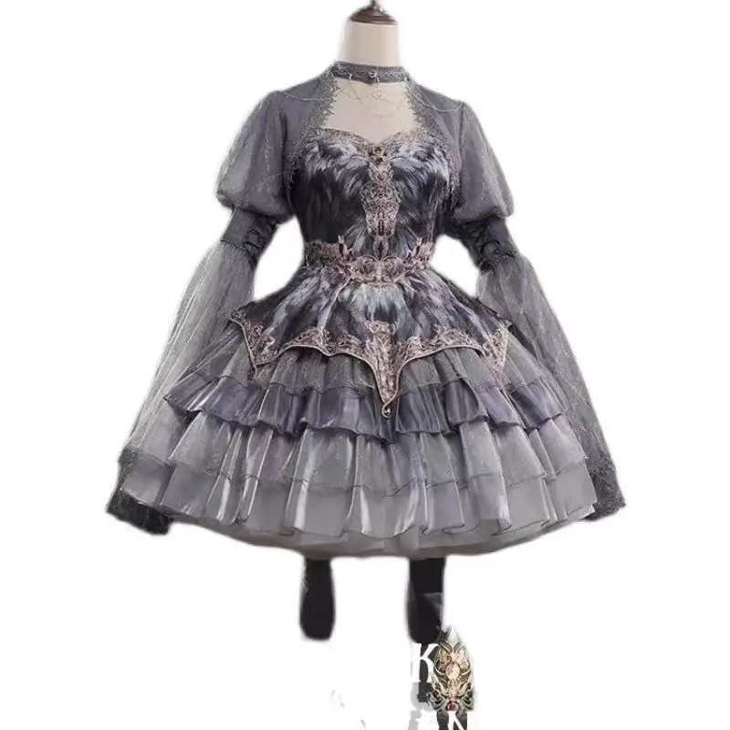 

Japan Victorian Vintage Lolita Halter Dress Women Gothic Style Harajuku Y2k Grey Layered Cake Dresses Girl Kawaii Cute Dress