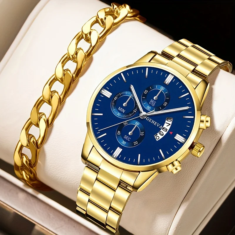 2 teile/satz, Mode Herren Business Edelstahl Kalender Datum Quarz Armbanduhr & Armband Set