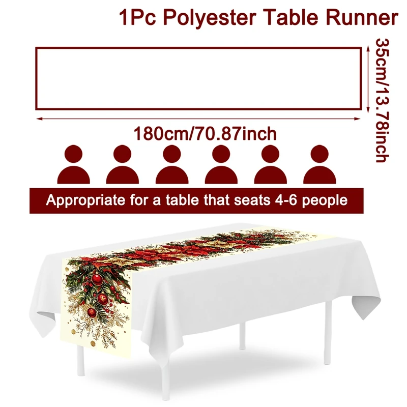 Retro Christmas Table Runner Poinsettia Holly Berry Design Polyester Tablecloth Holiday Party Decor Christmas Decoration 2026