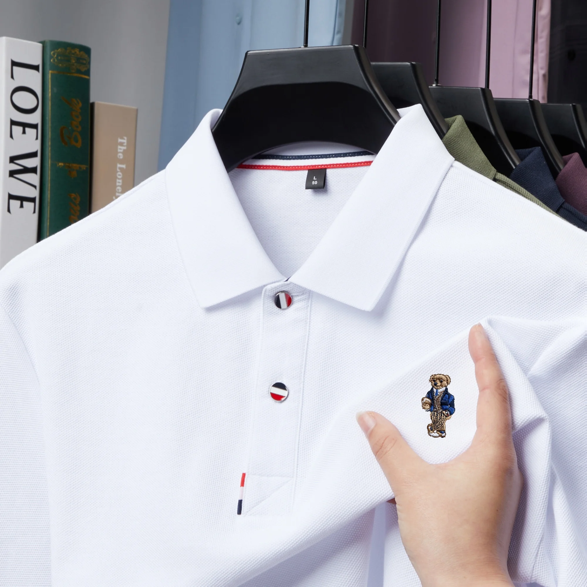 

100% pure cotton high-end luxury brand men's long sleeved polo shirt autumn fashion hot selling bear embroidery casual T-shirt