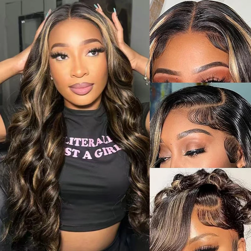 32Inch #1B/27 13x6 Balayage Highlight Ombre Body Wave Lace Front Wigs Human Hair 200 Density Honey Blonde Colored Lace Front Wig