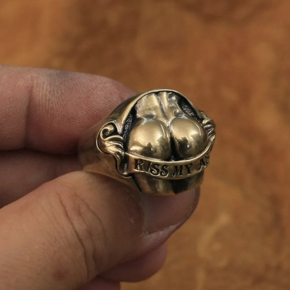 Details Brass Sexy Hips Buttocks Ring Kiss My Ass Biker Punk Jewelry BR148 US Size 7~15