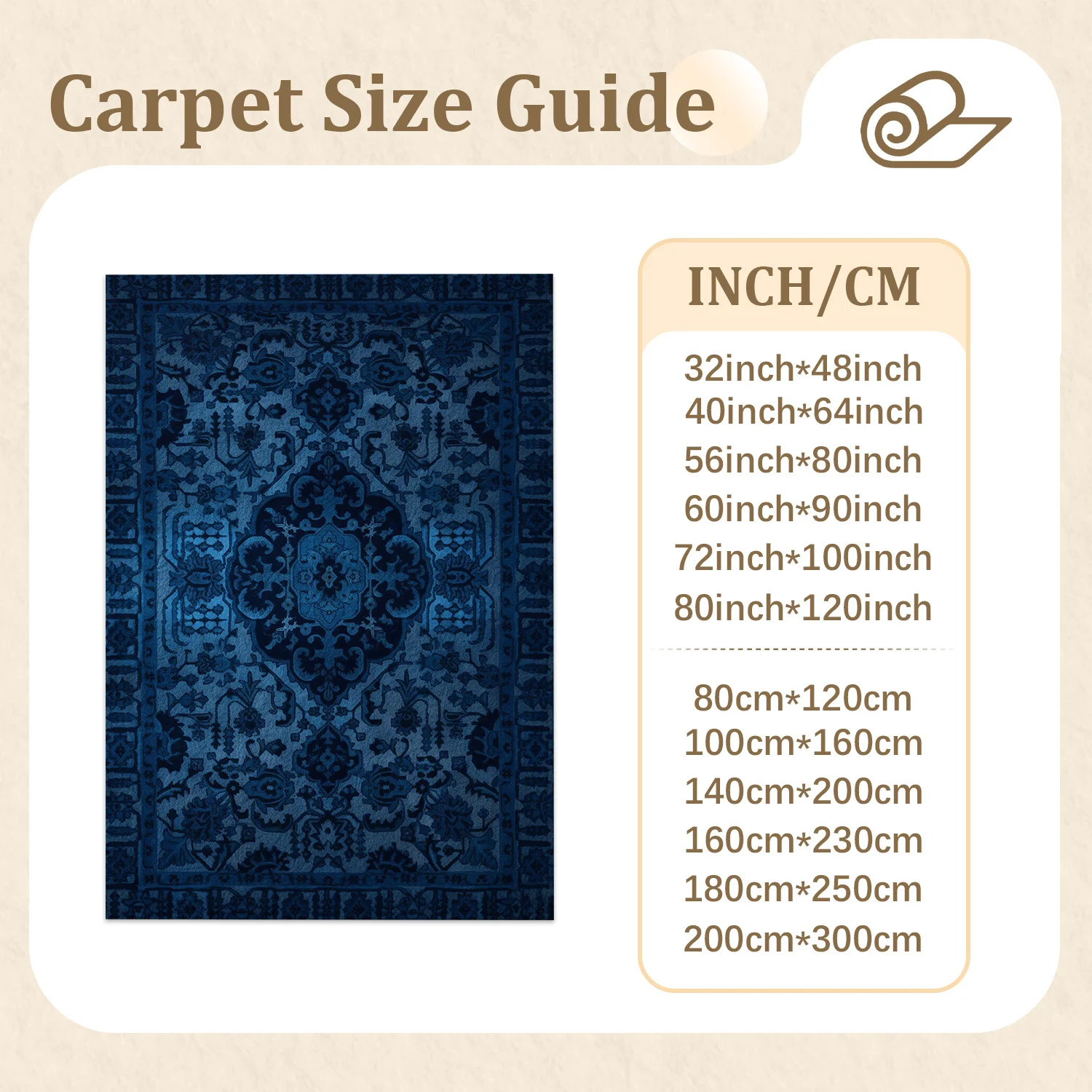 Large Indoor Area Rug, Soft Velvet Low Pile with Non-Slip Dotted Backing, Machine Washable Vintage Navy Blue Persian Pattern Floor Rug for Living Room & Bedroom