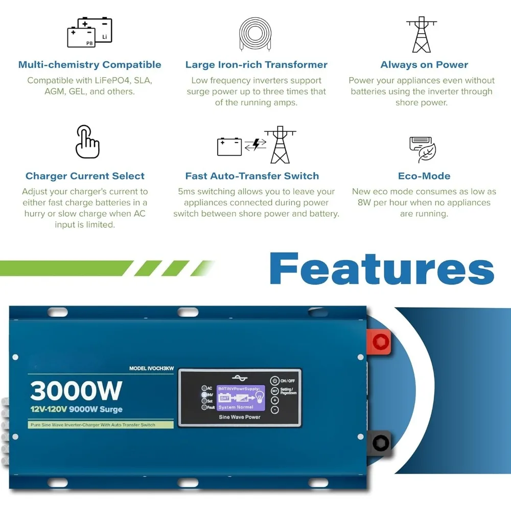 3000W Pure Sine Wave Inverter Charger Peak 9000W DC 12V - AC 110V LifePO4/ Lithium Battery Compatible Auto Transfer Switch