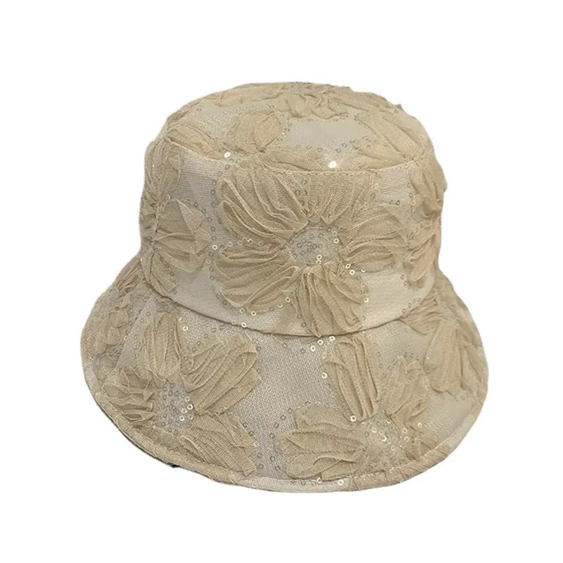 Ladies Temperament Lace Flowers Fisherman Hat Mesh Breathable Sun Hat Outdoor Sunscreen Sun Cap Shopping Leisure Basin Cap