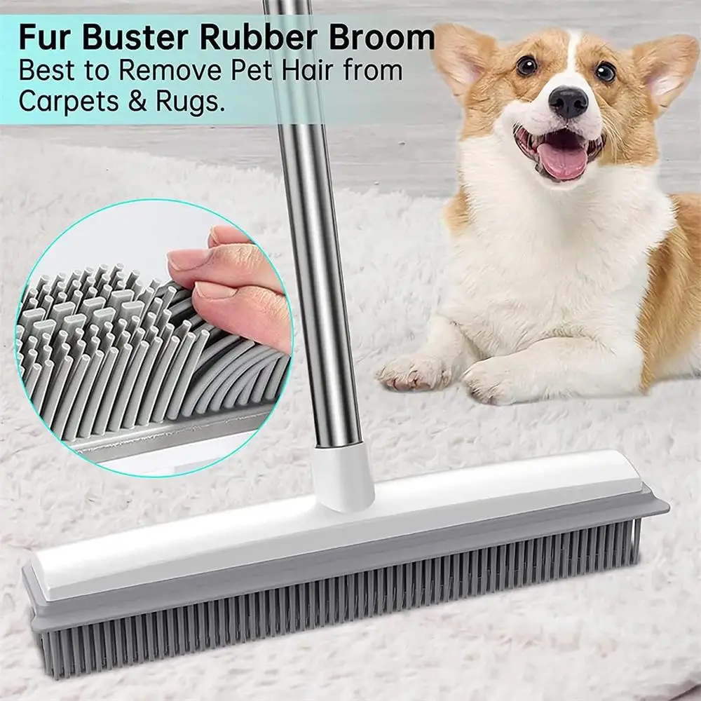 Rubber Broom Carpet Rake with Squeegee Long Handle for Pet Hair Fur Remover Broom for Fluff Carpet Hardwood Floor No Scratch