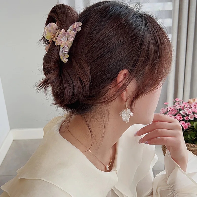 Wholesale Korean Fashion Design 7.5cm Marbling Acetate Hair Claw Clips Rhinestone Flower Hair Claw For Women Girls