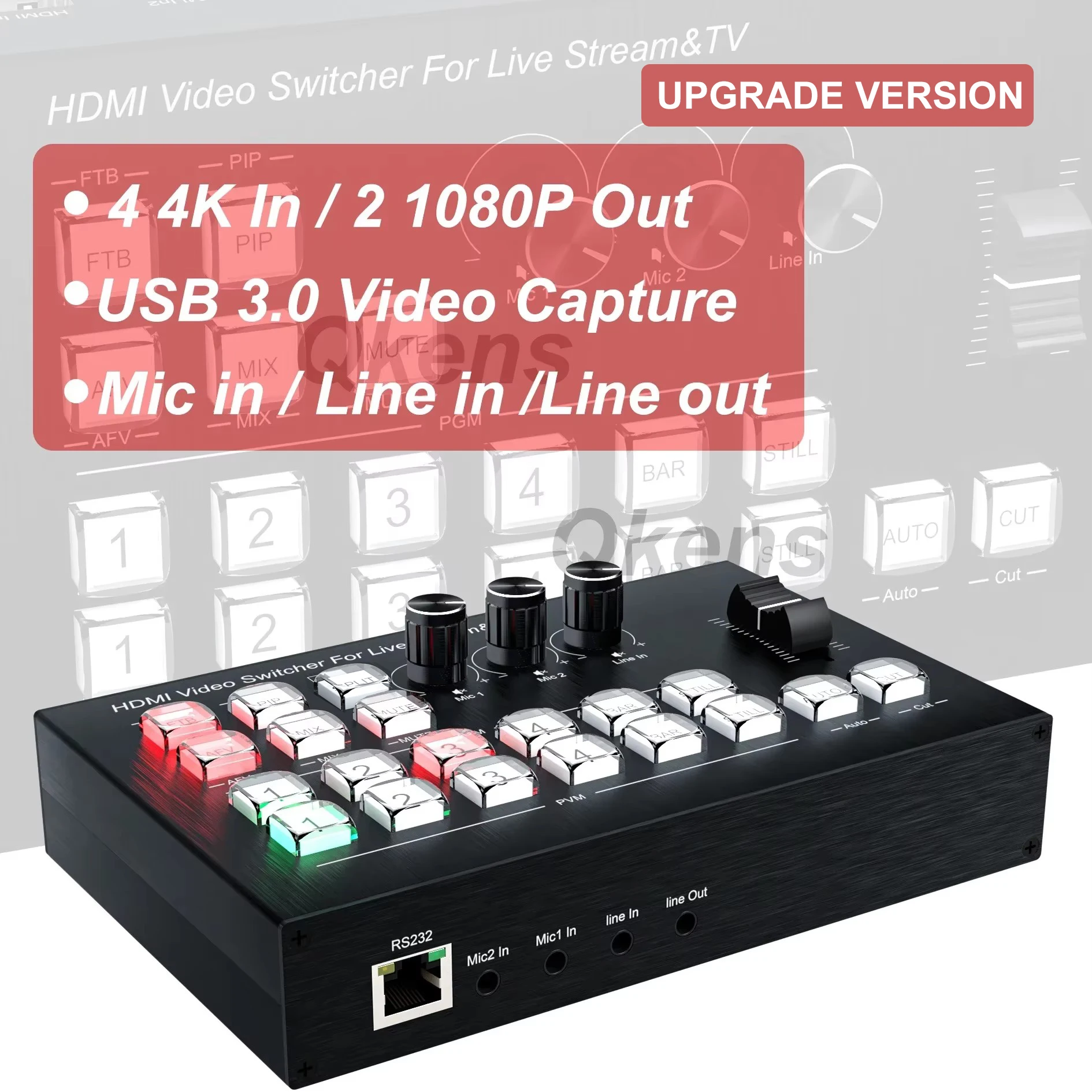 4K 4 Channel HDMI Video Multi Camera Switcher for Live Broadcast Streaming Production Video Mixer Switcher Station Type C Record