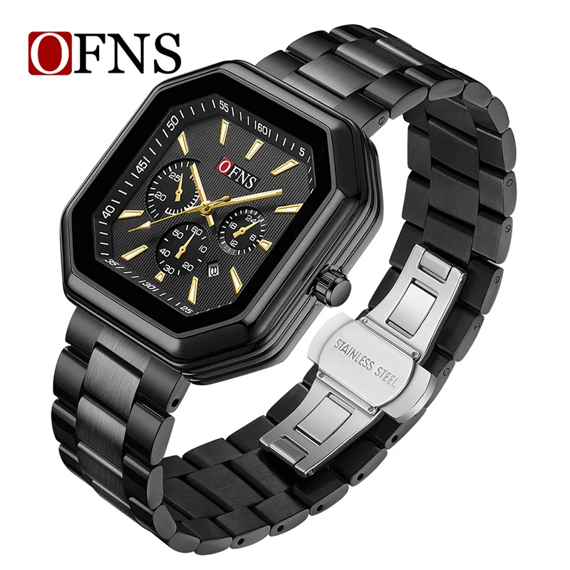 

Ofns 1539 Quartz Men's Watch Square Fashion Simple Complete Calendar Luminous Steel Strip Watches For Men Relógio Masculino