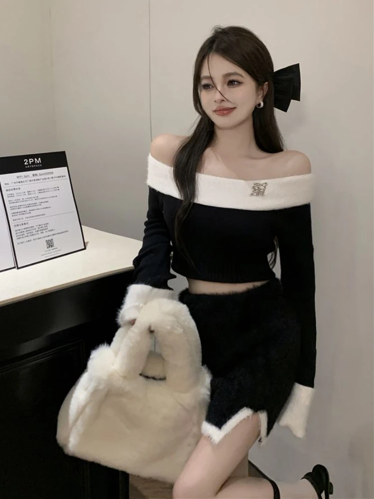 Winter Sexy Wool Vintage Two Piece Set Women Korean Fashion Warm Y2K Party Set Female Off Shoulder Slim Mini Skirt Suit 2022