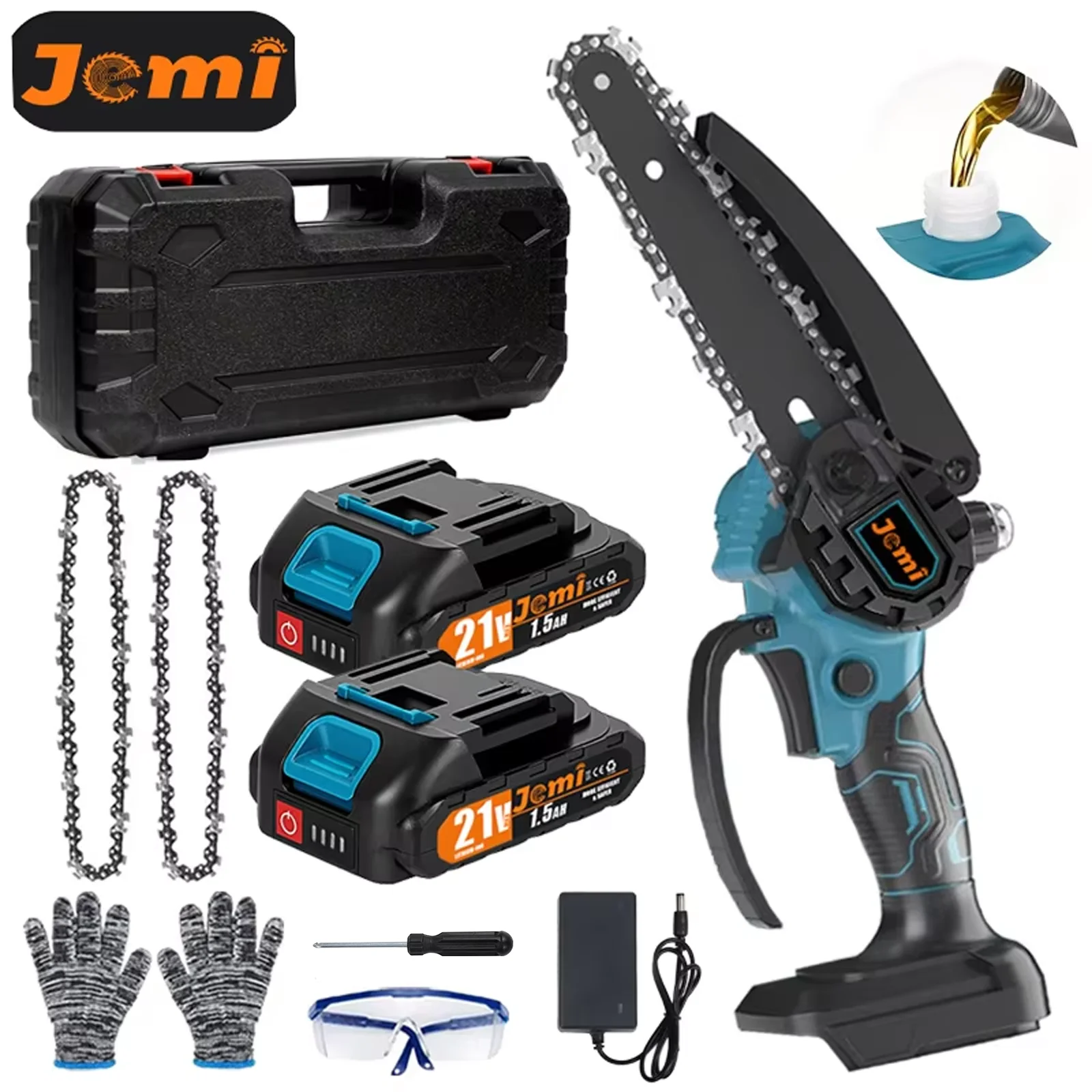 Jemi Tool 6 Zoll tragbare, kabellose, wiederaufladbare elektrische Kettensäge mit zwei Batterien, ausgestattet mit automatischer Schmierung und Sicherheitsverriegelung, Holzschneider, Garten- und Obstbaumschere.