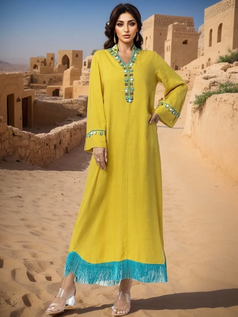 

Eid Muslim dress women Abaya diamond tassel Long Dresses Vestidos Largos Party caftan Jalabiya Ramadan dubai Arab long Robe 2025