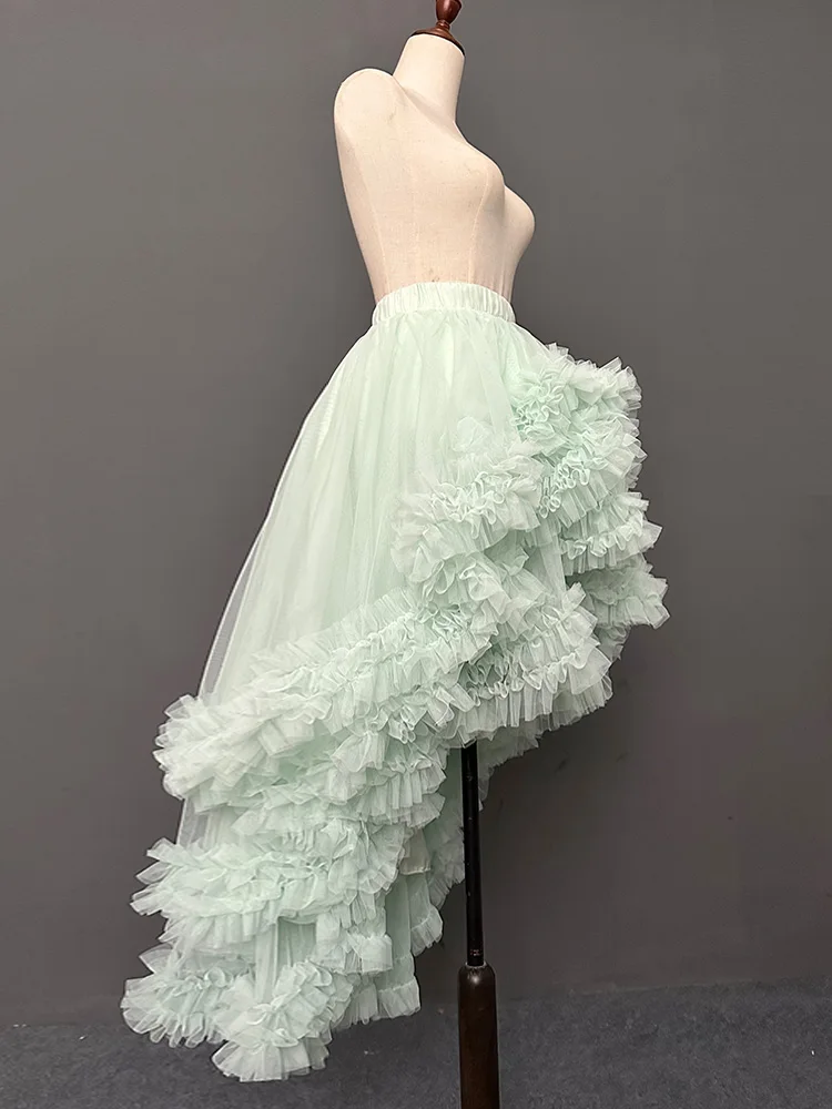 Abei Dream Flower Light Green Elastic Waist Fairy Mesh Half-Length Fluffy Irregular Layer Cake Skirt