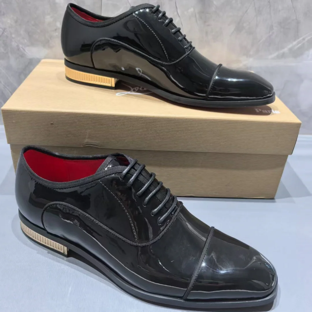 Lace-Up Red Sole Single Shoes Male Square Toe Red Lining Chaussur Metal Heel Chunky Low Heels Black Patent Leather Shoes For Men view 4