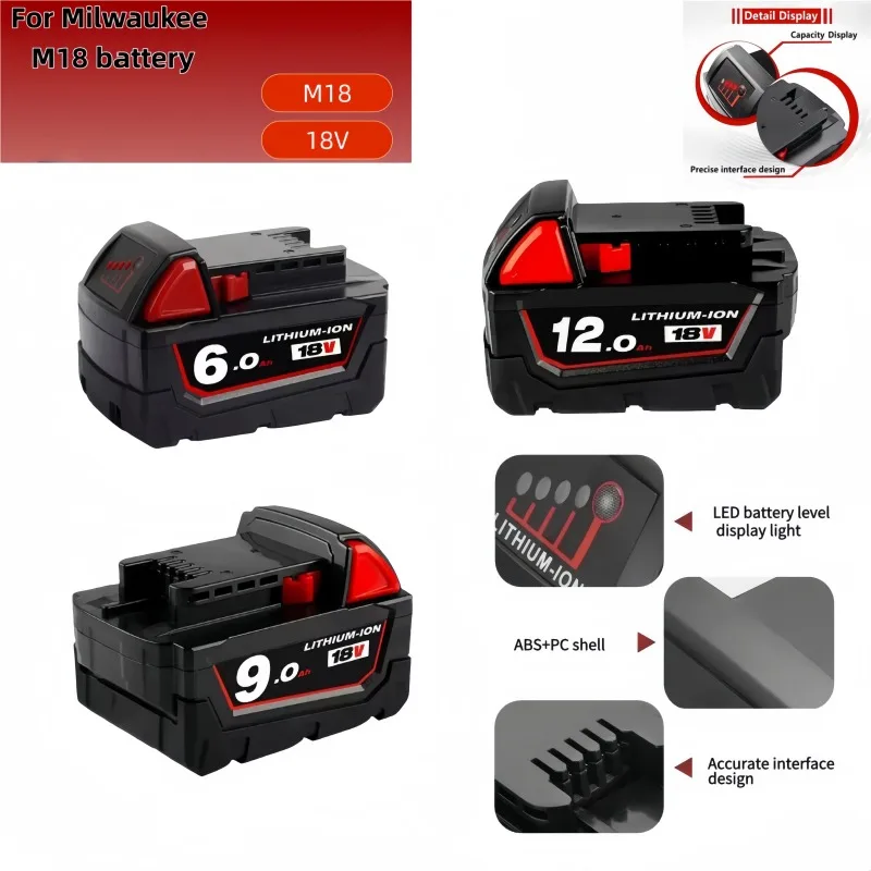 

6000mAh-12000mAh For Milwaukee M18 18V Replacement For Milwaukee M18B5 XC Li-ion battery 48-11-1815 2604-20 48-11-1850 charger.